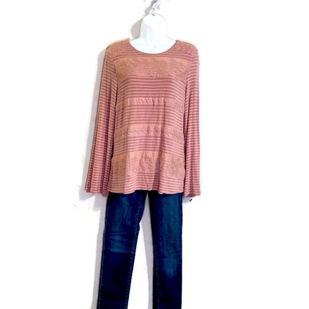 NWOT Ladies Sz S Rebecca Malone Lace and Knit Material Pink Striped LS Shirt